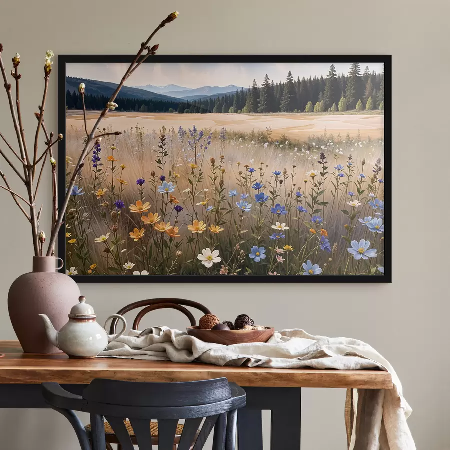 Fototapeedid Esiplaanil värviliste metsalillede põld, taamal järv ja mäed f39502