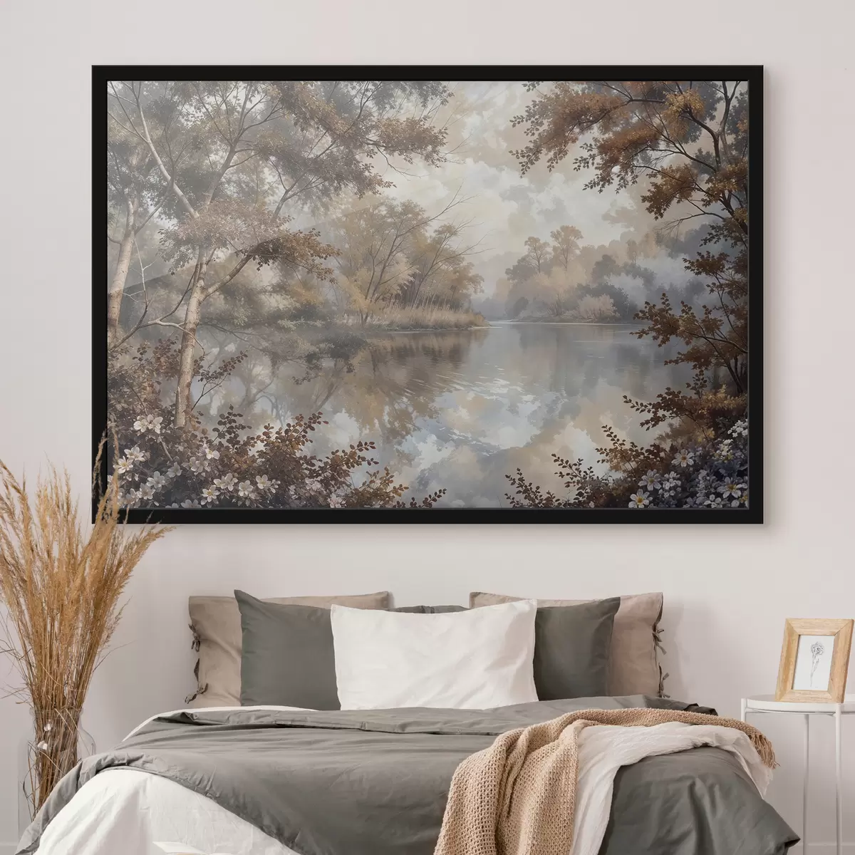 Plakat Sügisene maastik rahuliku järvega, mida ümbritsevad erksa oranži ja kollase lehestikuga puud f39511