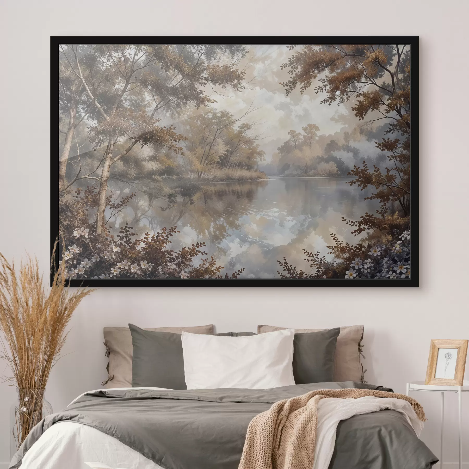 Fototapeedid Sügisene maastik rahuliku järvega, mida ümbritsevad erksa oranži ja kollase lehestikuga puud f39511