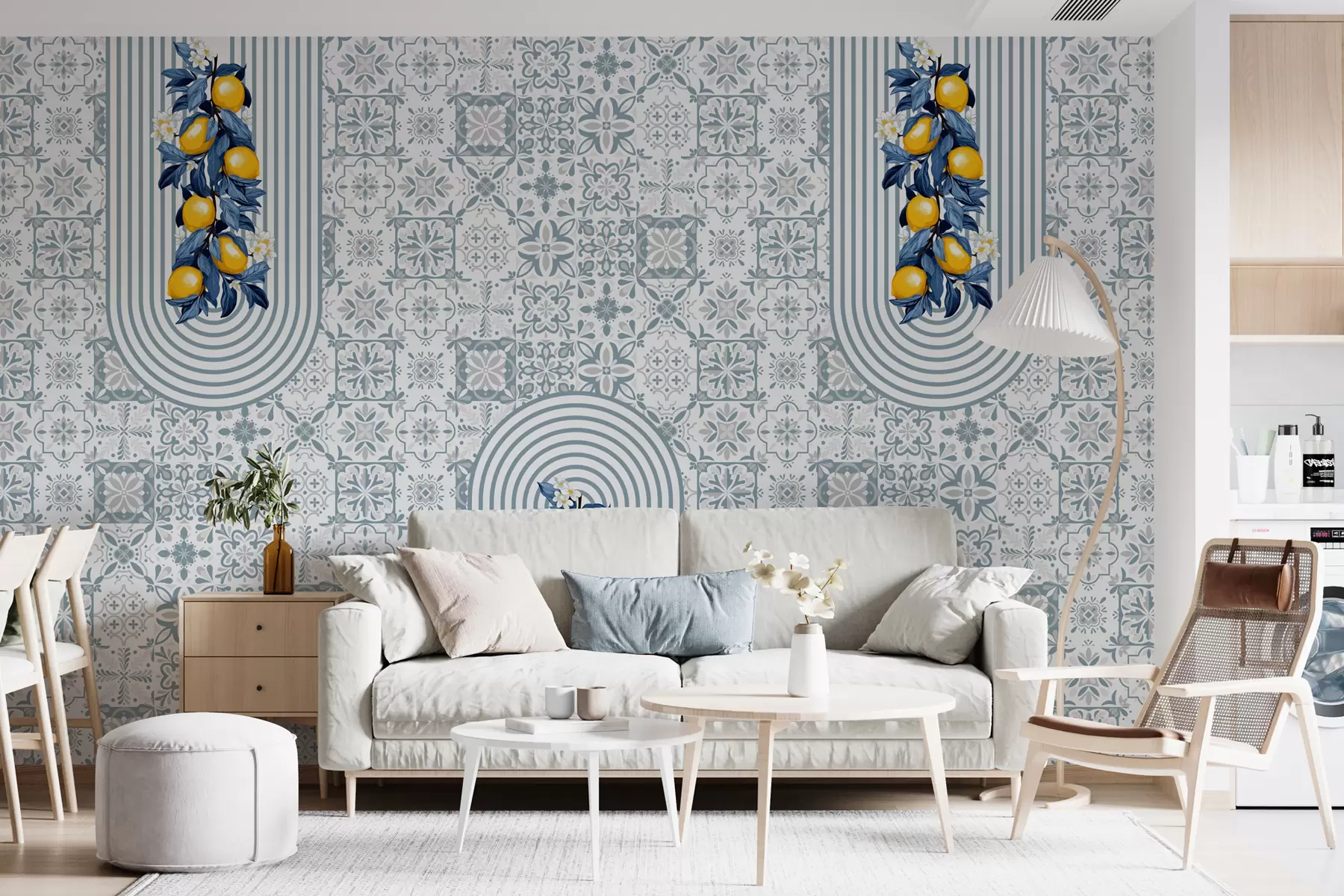 Fototapeedid Sitsiilia muster, sinine trükk sidrunitega.Itaalia sinine keraamiliste plaatide muster. Vahemere portselankeraamika. Etnilised rahvakaunistused w08034