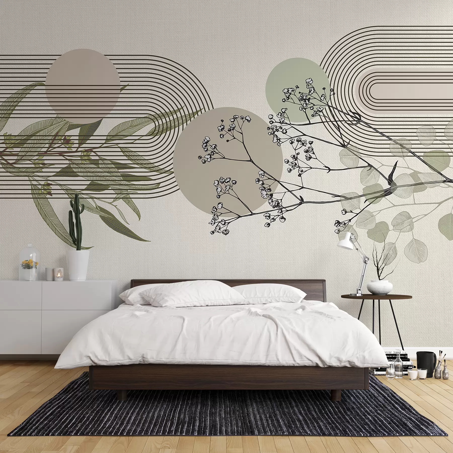 Fototapeedid Minimalistlik abstraktsioon orgaaniliste kujundite, stiliseeritud puuokste või õrnade lilledetailidega taimedega w07979