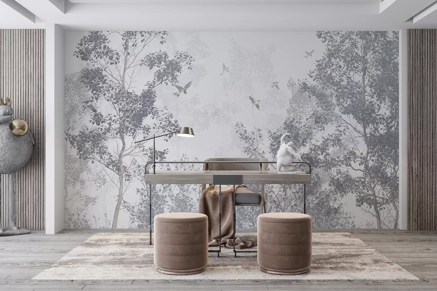 Fototapeedid Hallade lehtede ja okstega puud, taevas lendavad linnud, valge taustaga w07982v1