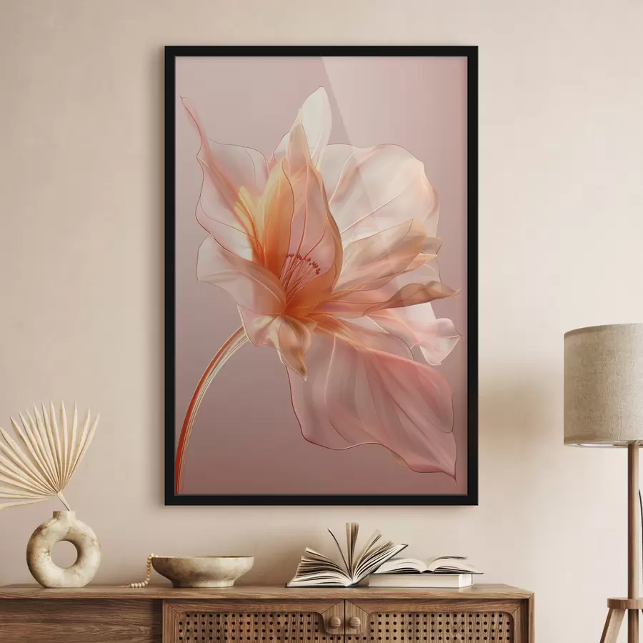 Fototapeedid Virsikuõie kroonleht roosal taustal voolavate joonte, minimalismi ja õrnade detailidega f39631