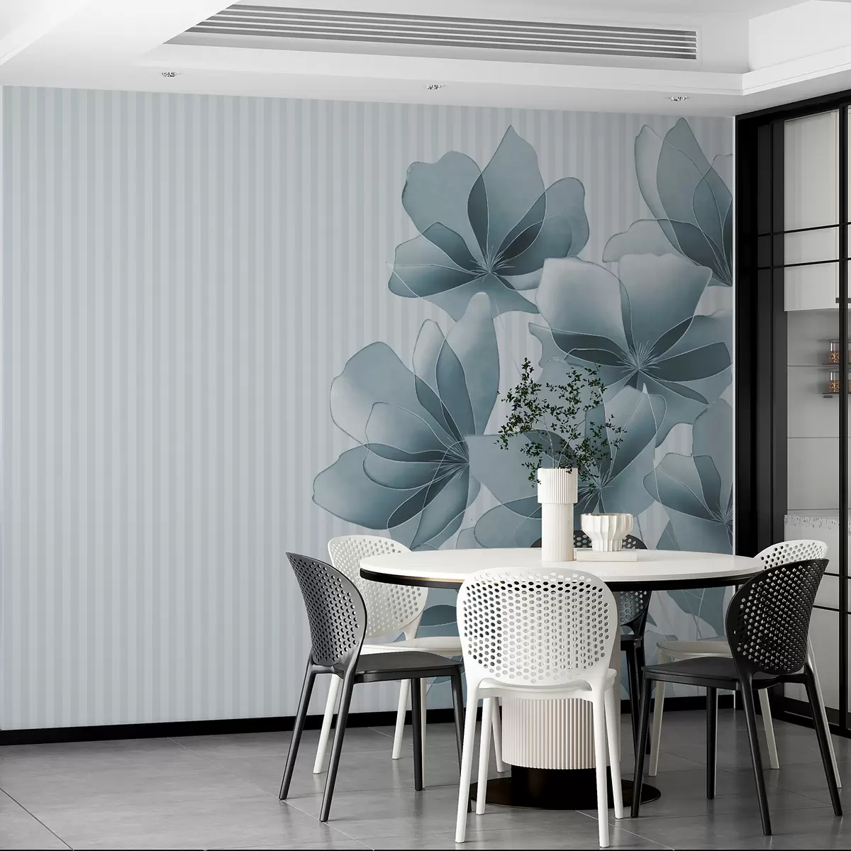 Fototapeedid õrnsinised lilled triibulisel taustal w08040