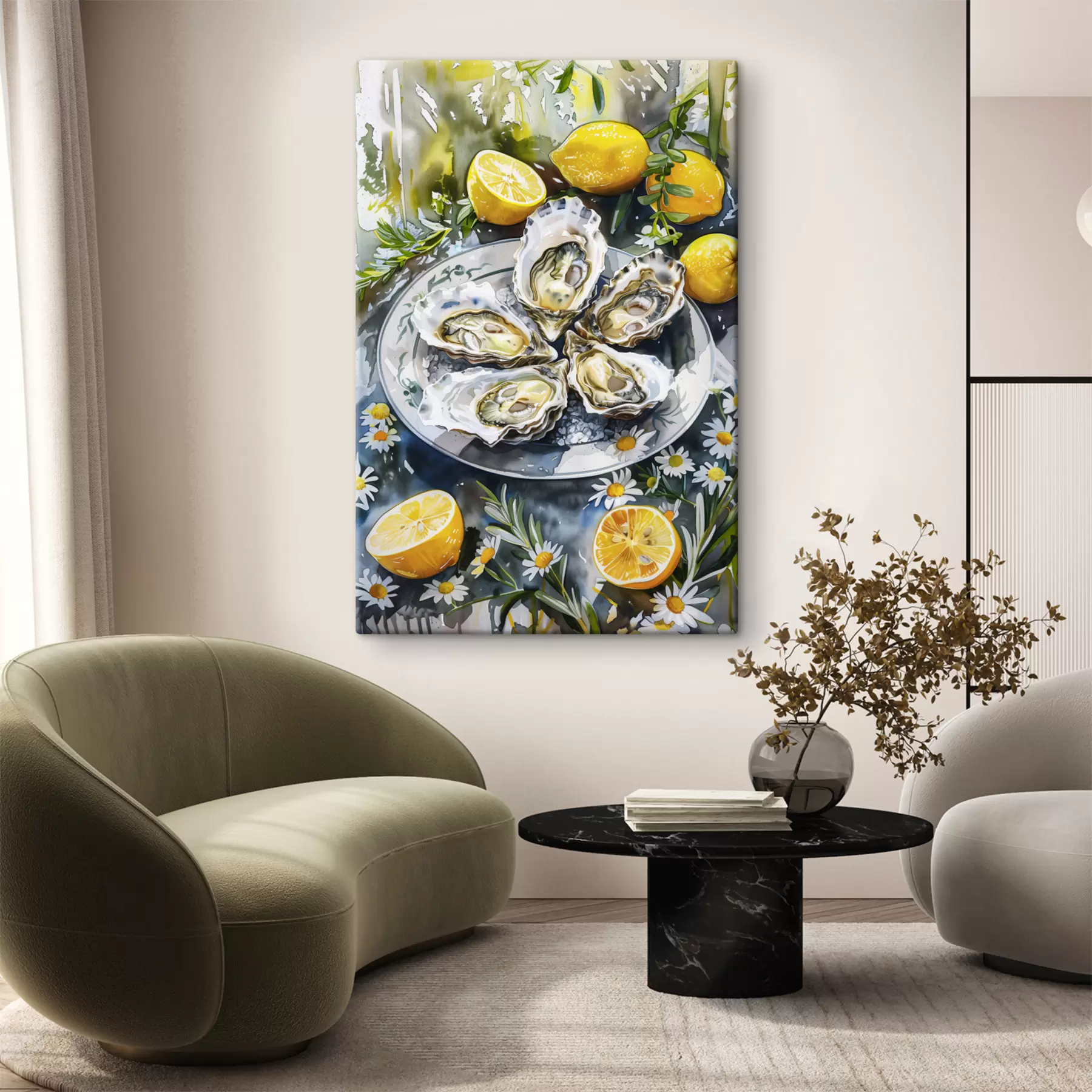 Fototapeedid Elegantsed austrid taldrikul, sidrunid ja lilled, suvised värvid, vahemerelik s39710