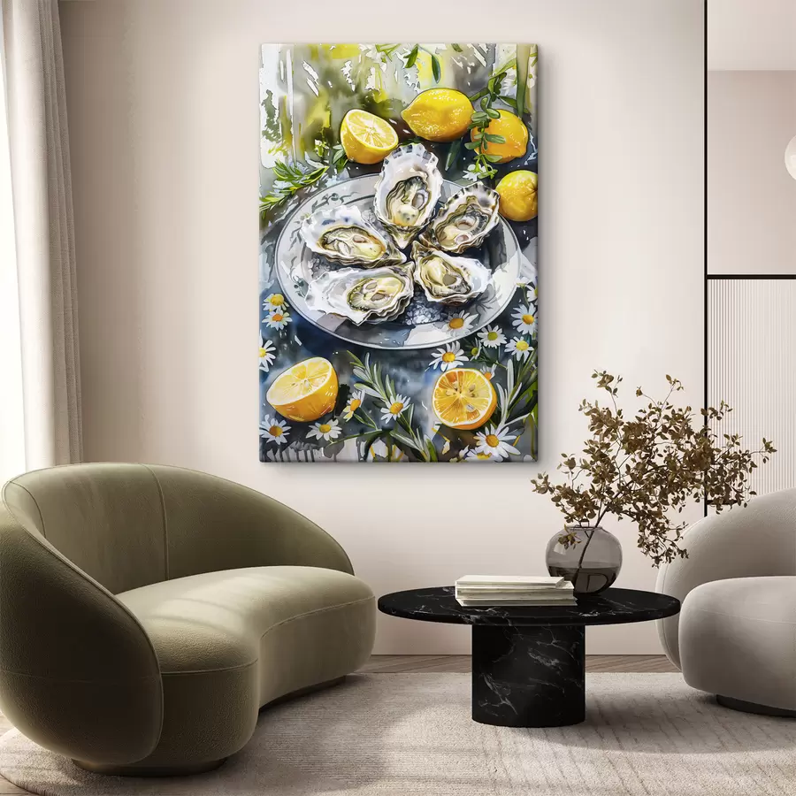 Pilt Elegantsed austrid taldrikul, sidrunid ja lilled, suvised värvid, vahemerelik s39710