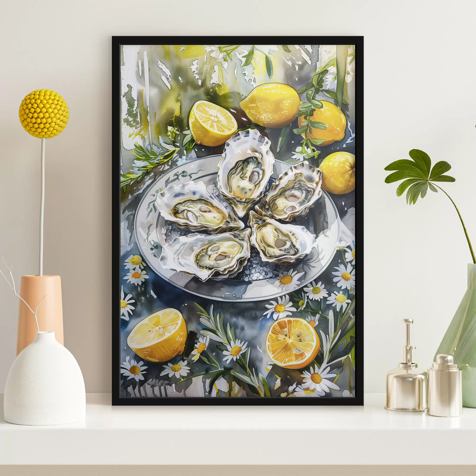 Pilt Elegantsed austrid taldrikul, sidrunid ja lilled, suvised värvid, vahemerelik f39710