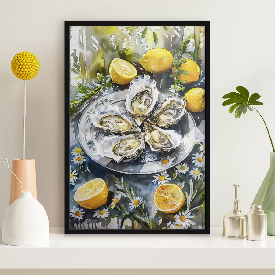 Fototapeedid Elegantsed austrid taldrikul, sidrunid ja lilled, suvised värvid, vahemerelik f39710