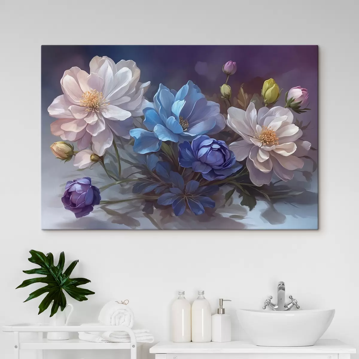 Pilt Valged ja sinised lilled ähmasel taustal s39603