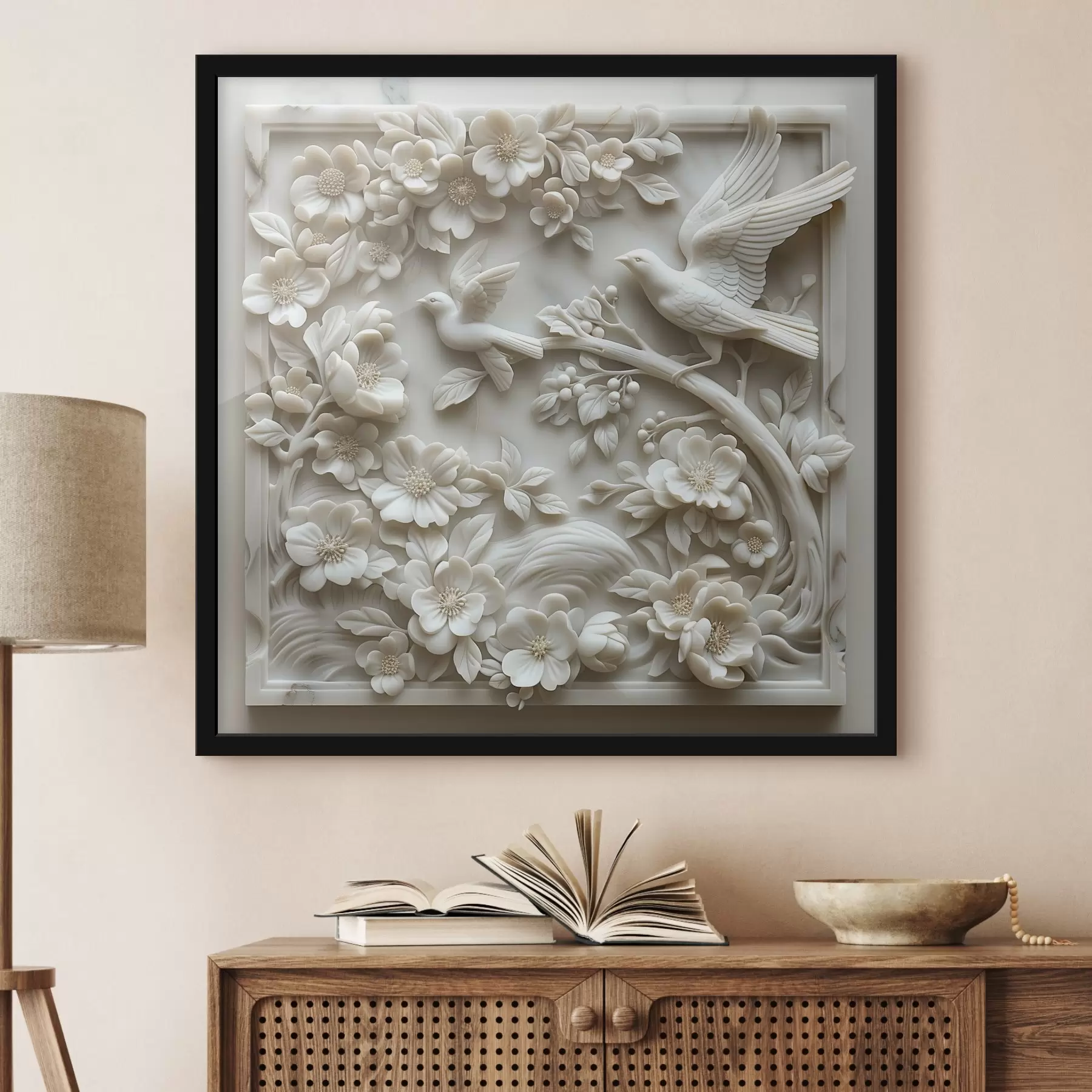 Fototapeedid Valge marmorist aed lindude ja lillede reljeefidega f39728