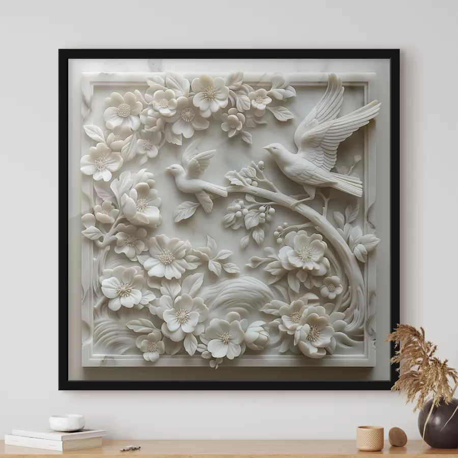 Pilt Valge marmorist aed lindude ja lillede reljeefidega f39728