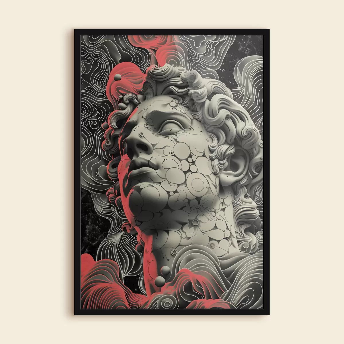 Plakat Mustvalge lineaarne illustratsioon kreeka jumala Apolloni peast popkunsti stiilis f39763