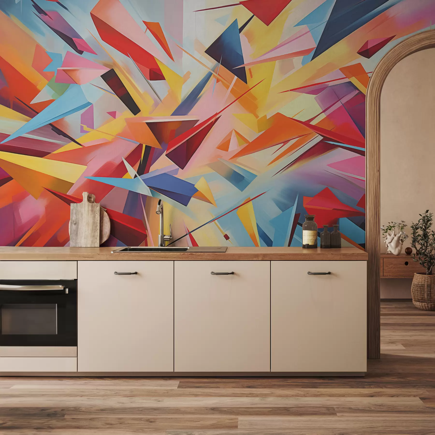 Fototapeedid Geomeetriliste kujundite kaootiline abstraktsioon, roosa, sinine, kollane w08030