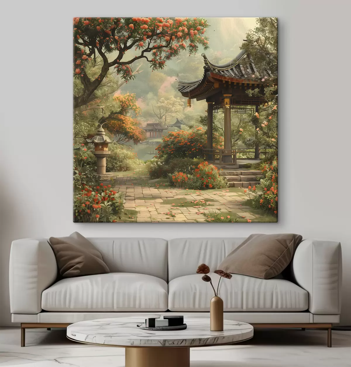 Pilt Jaapani park õitsvate puude ja lilledega, mets, aiamaja, järv s39772