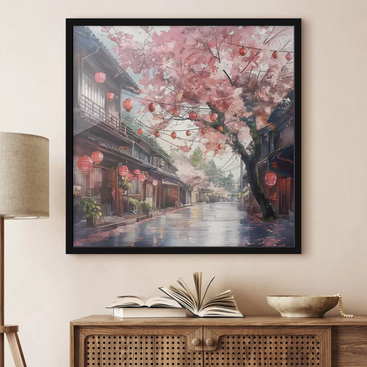 Plakat Jaapani tänav õitsvate kirsipuude, idamaise arhitektuuri, laternatega f39774