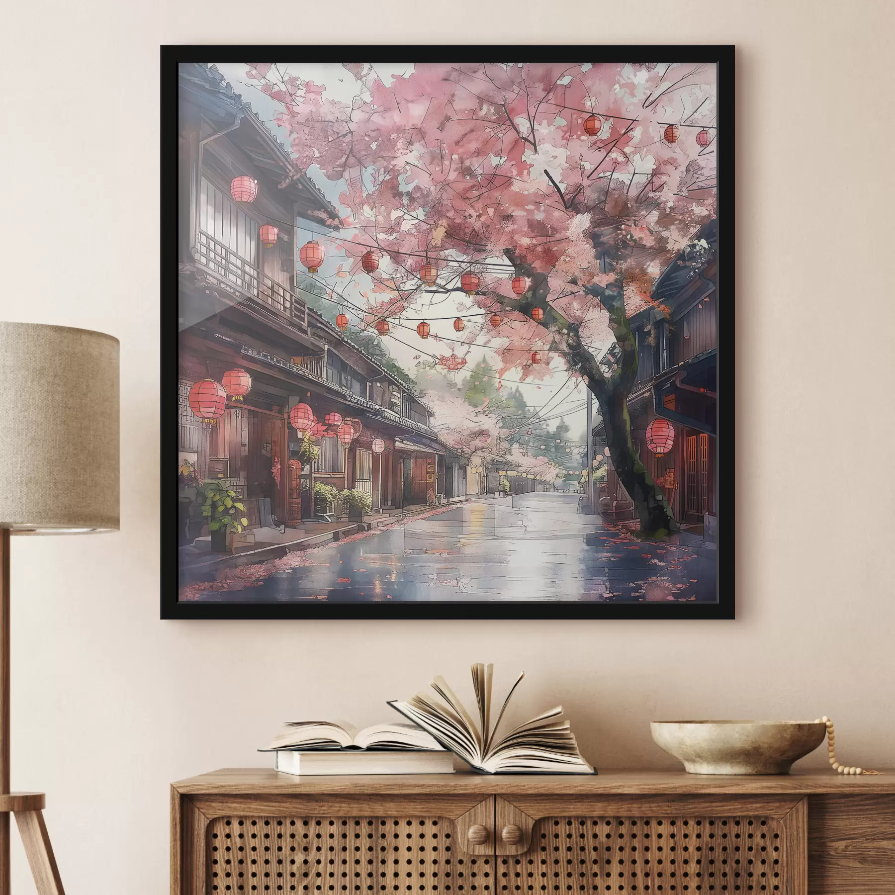 Fototapeedid Jaapani tänav õitsvate kirsipuude, idamaise arhitektuuri, laternatega f39774