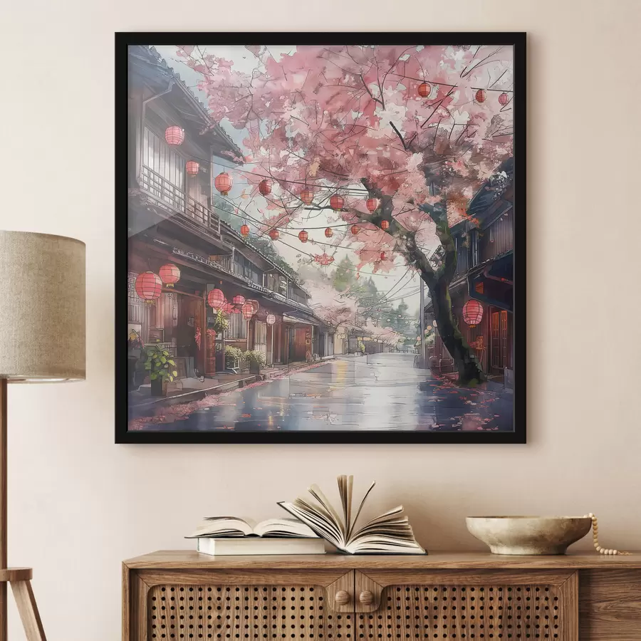 Fototapeedid Jaapani tänav õitsvate kirsipuude, idamaise arhitektuuri, laternatega f39774