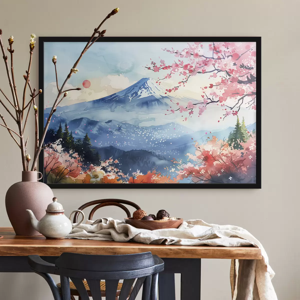 Plakat Mägi Fuji maastik, idamaine loodus, kirsipuud, päikeseloojang f39775