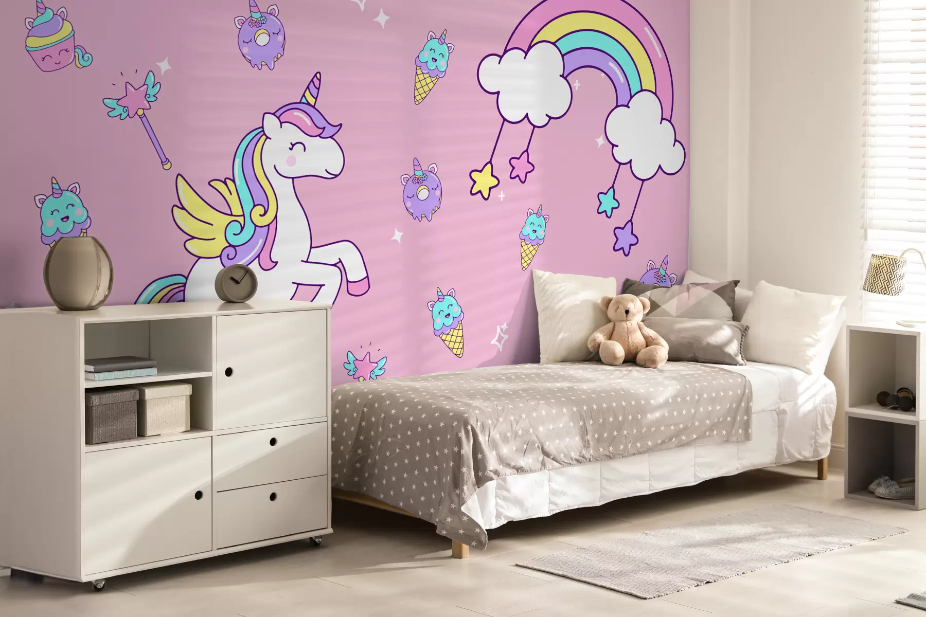 Fototapeedid ükssarvik, vikerkaar roosal taustal w08102