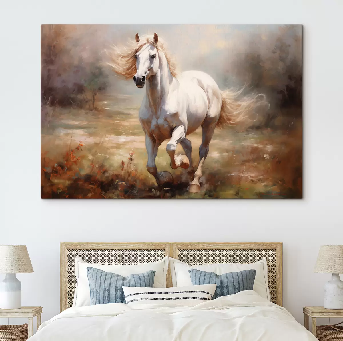 Pilt Valge hobune kappamas üle heinamaa õlimaal s39818