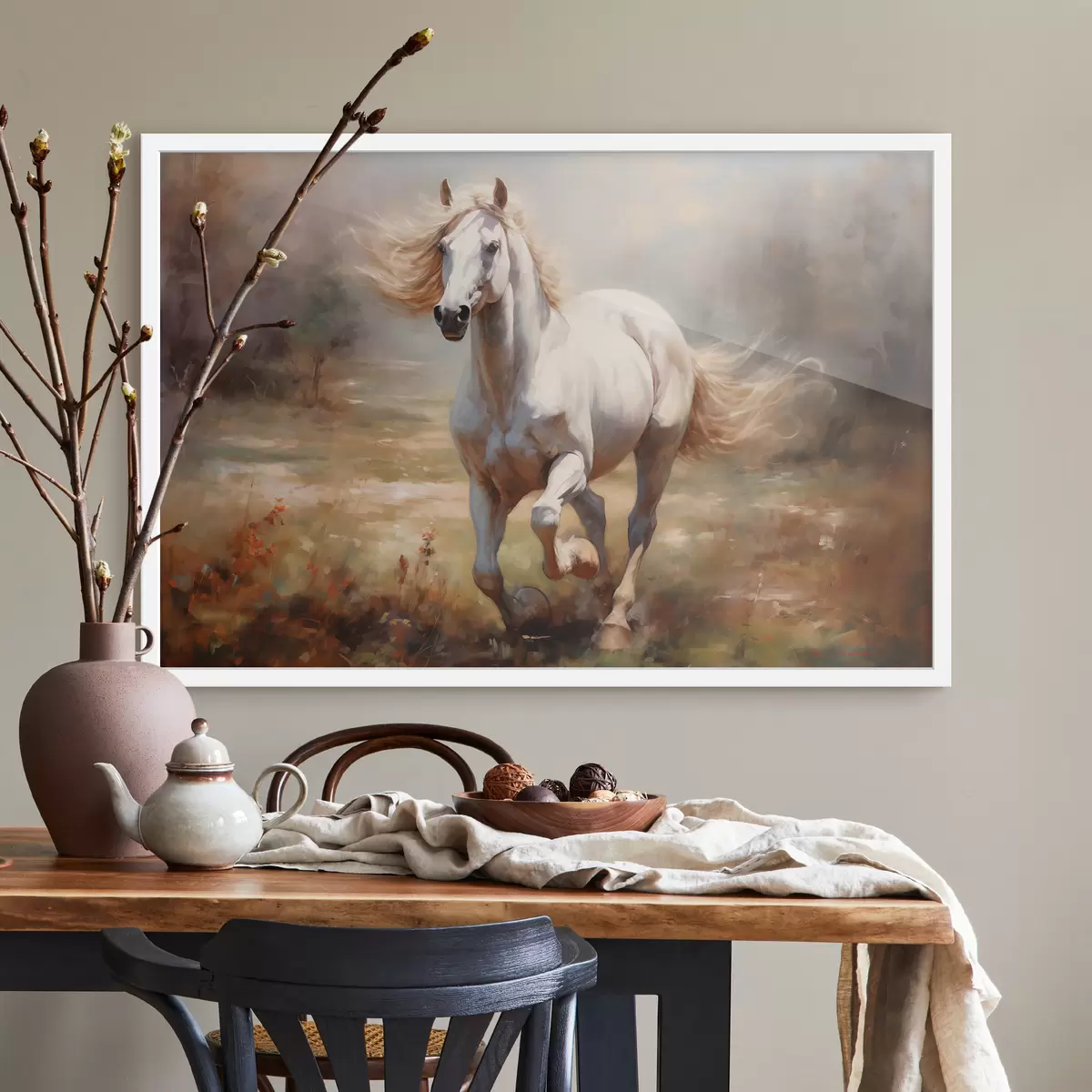 Plakat Valge hobune kappamas üle heinamaa õlimaal f39818