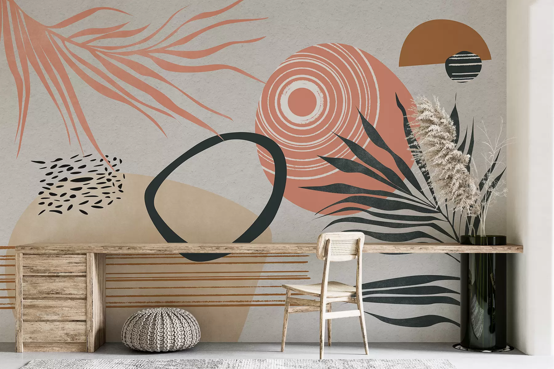 Fototapeedid Geomeetriline abstraktsioon palmiokstega, boho stiil, täpp, roosa, sinine, hall, seina tekstuur w08133