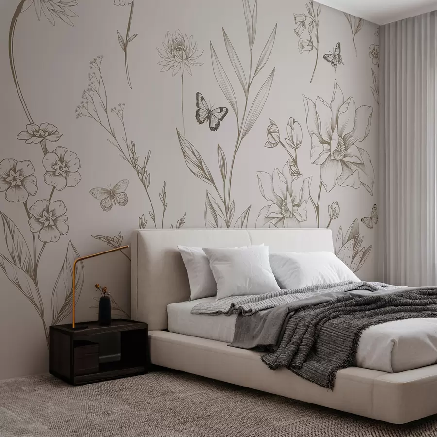 Fototapeedid Boho ühevärvilised lilled ja liblikad beežis värvitoonis w08088v1