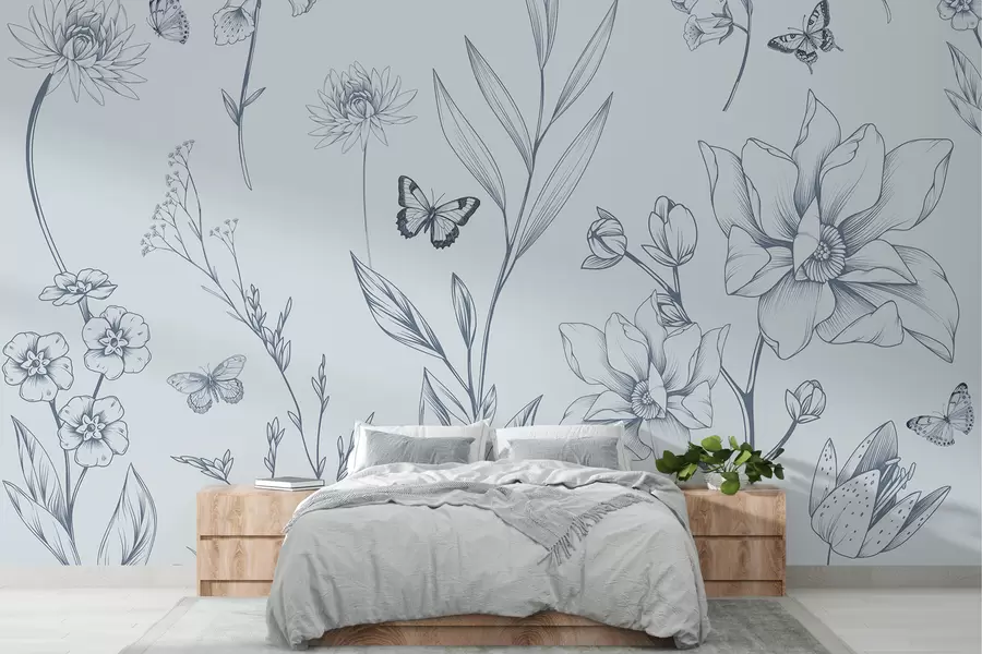 Fototapeedid Boho ühevärvilised sinised lilled ja liblikad w08088v2
