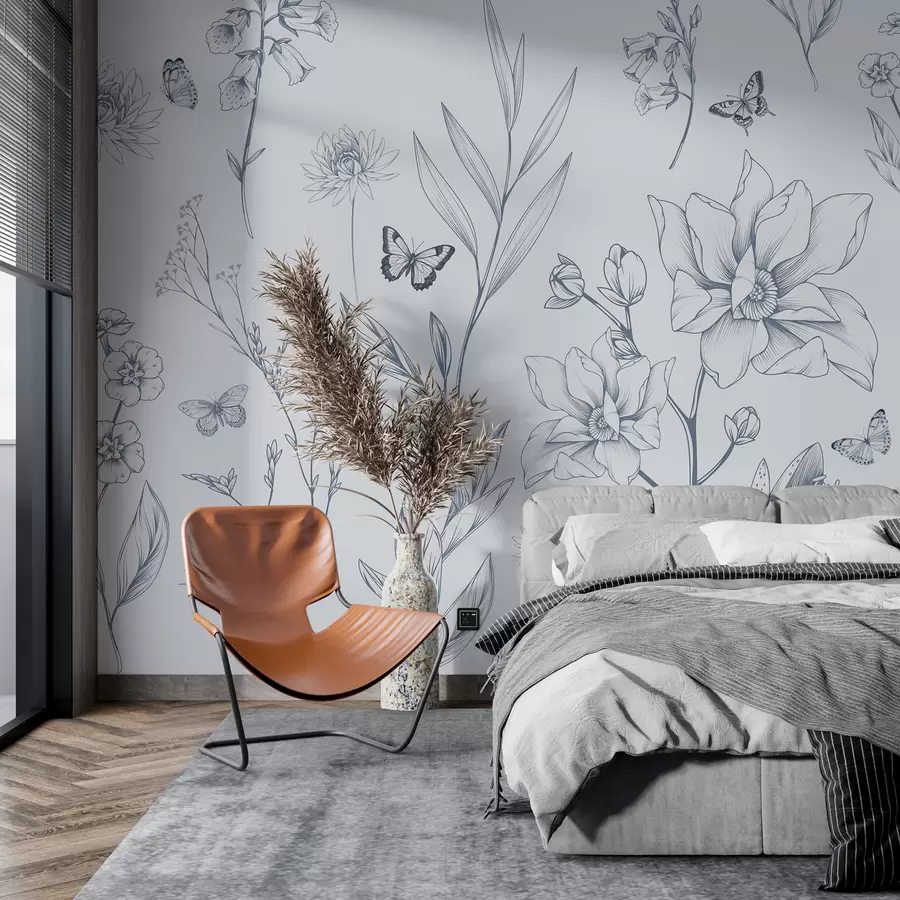 Fototapeedid Boho ühevärvilised sinised lilled ja liblikad w08088v2