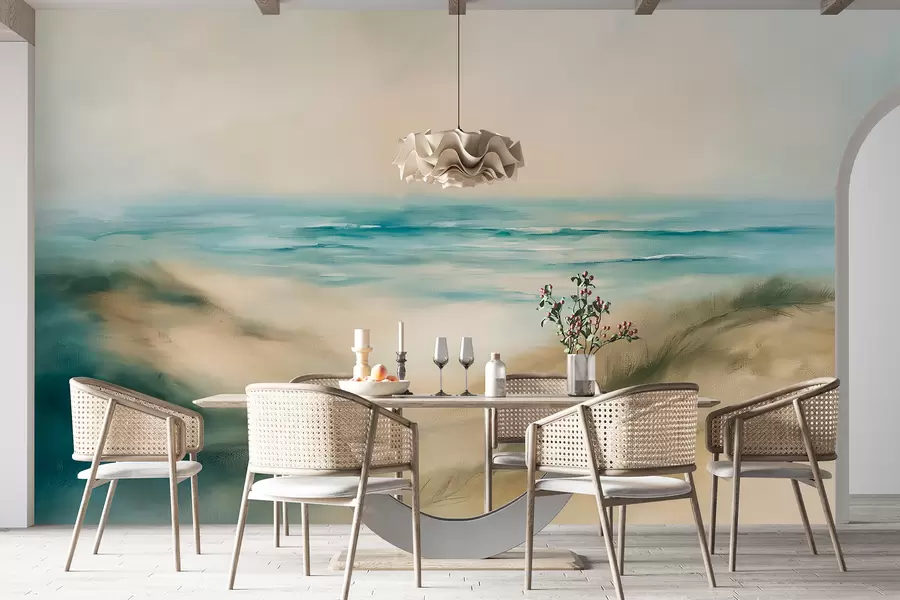 Fototapeedid Pastelsetes toonides abstraktne maastik, rand, meri, akvamariini ja beeži värvipalett, pintslitõmbed w08141v1