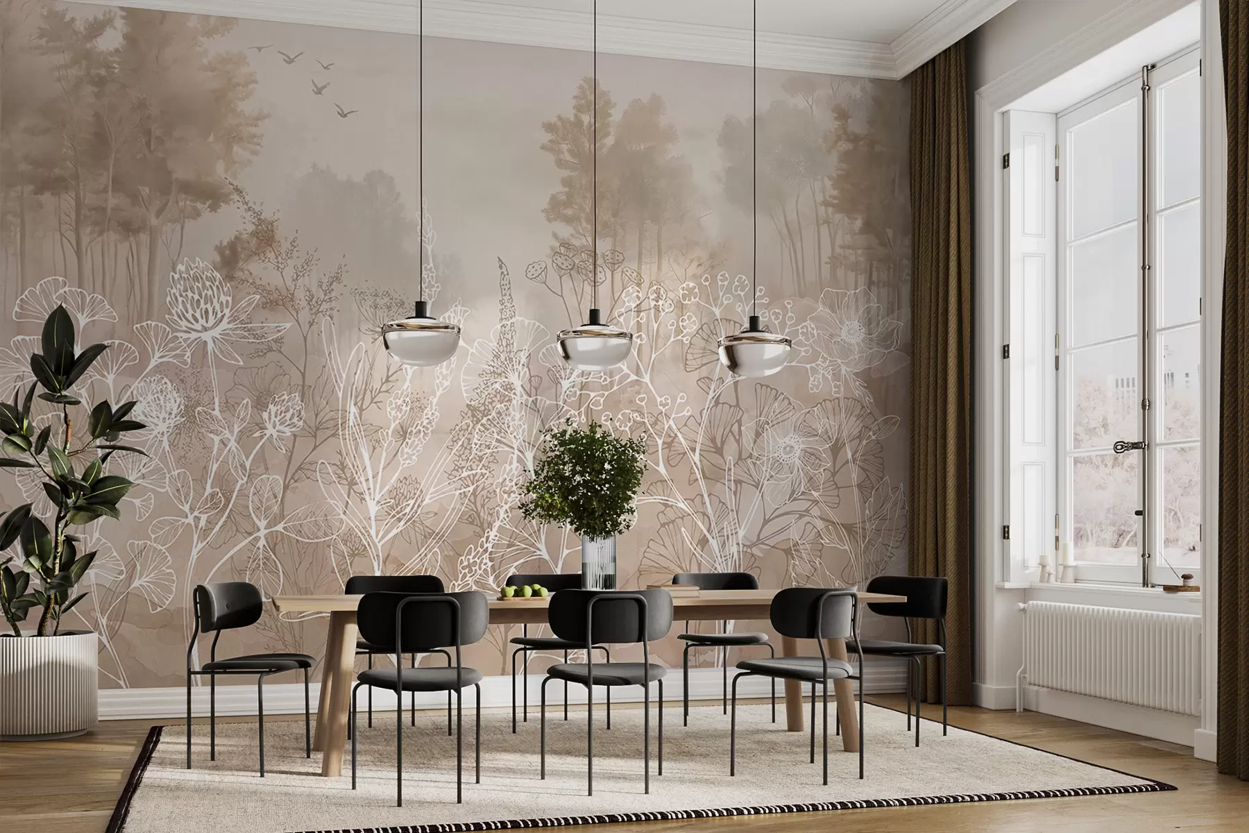 Fototapeedid Joonejoonistus lilled, metsamaastik, loodus, realism, beež värvipalett w08144