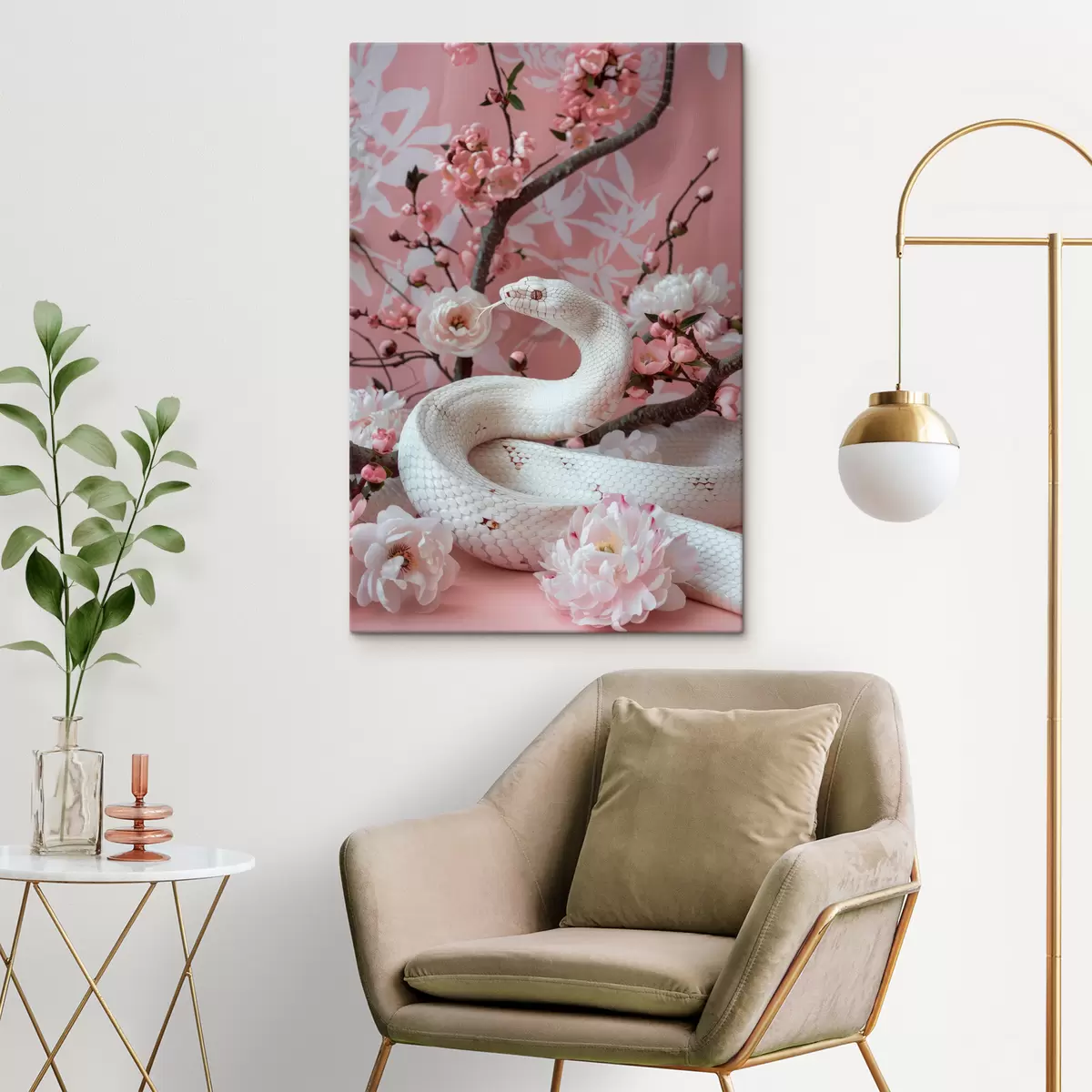 Pilt Valge madu ja roosad õied s39941