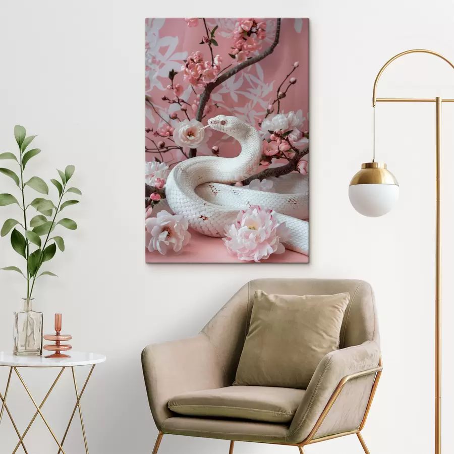 Pilt Valge madu ja roosad õied s39941