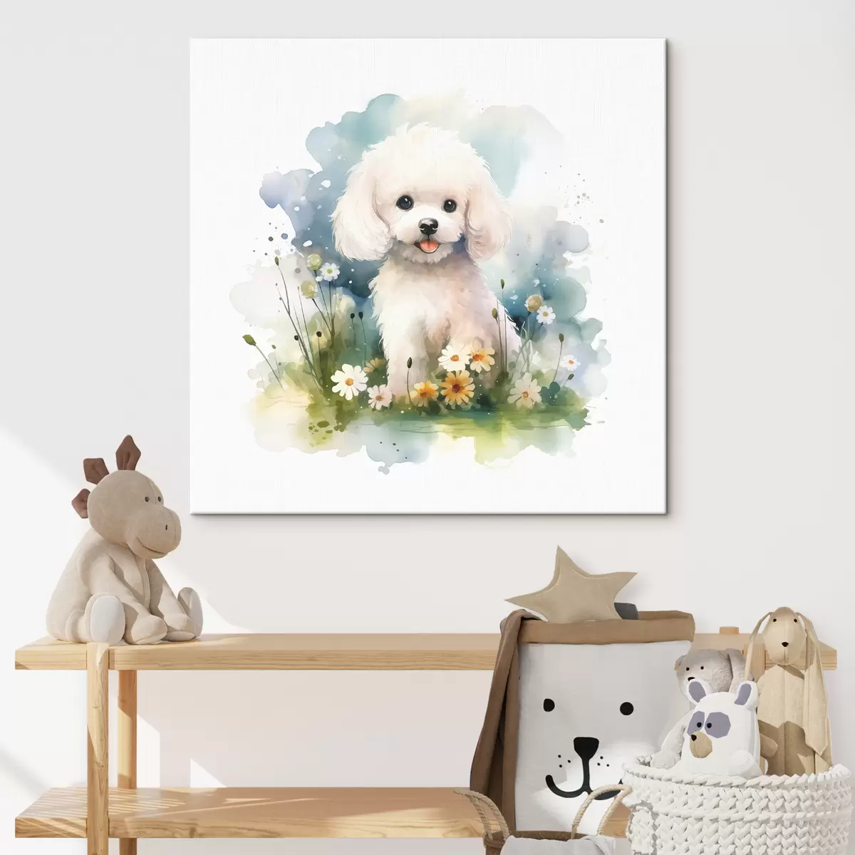 Pilt Väike valge puudel istub akvarellides lilledega s39928