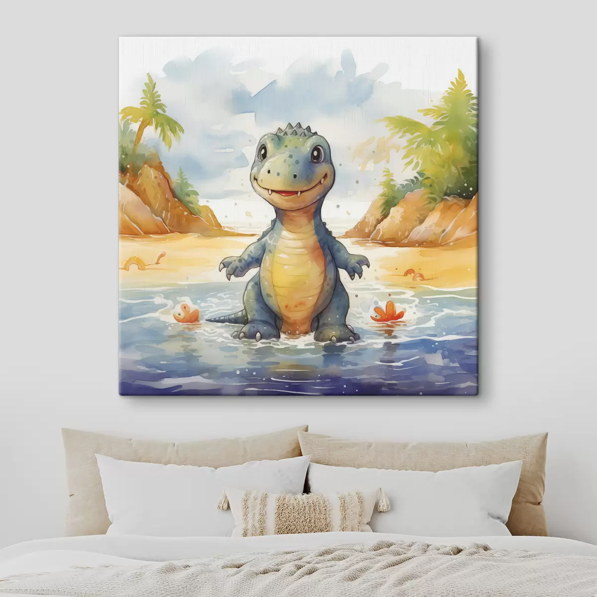 Pilt Dinosaurus jões mägede ja sõnajalgade taustal akvarell s39930