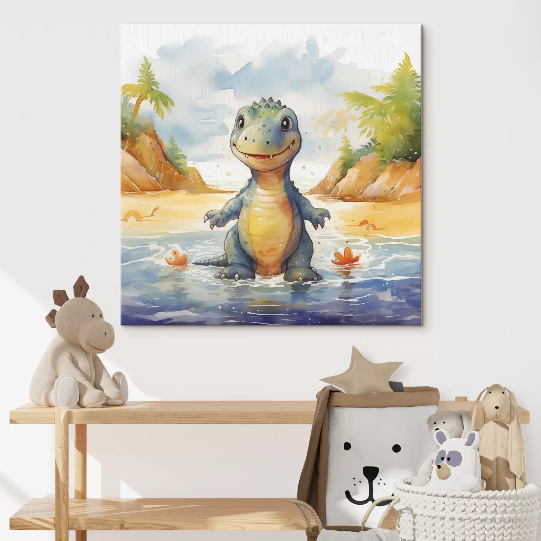 Pilt Dinosaurus jões mägede ja sõnajalgade taustal akvarell s39930