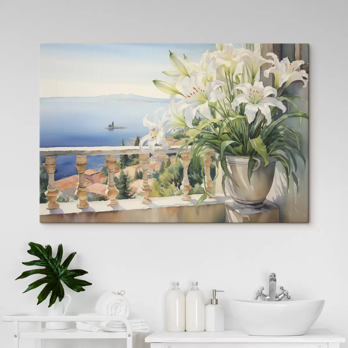 Pilt Valged liiliad potis rõdul lahe akvarelli taustal s39932