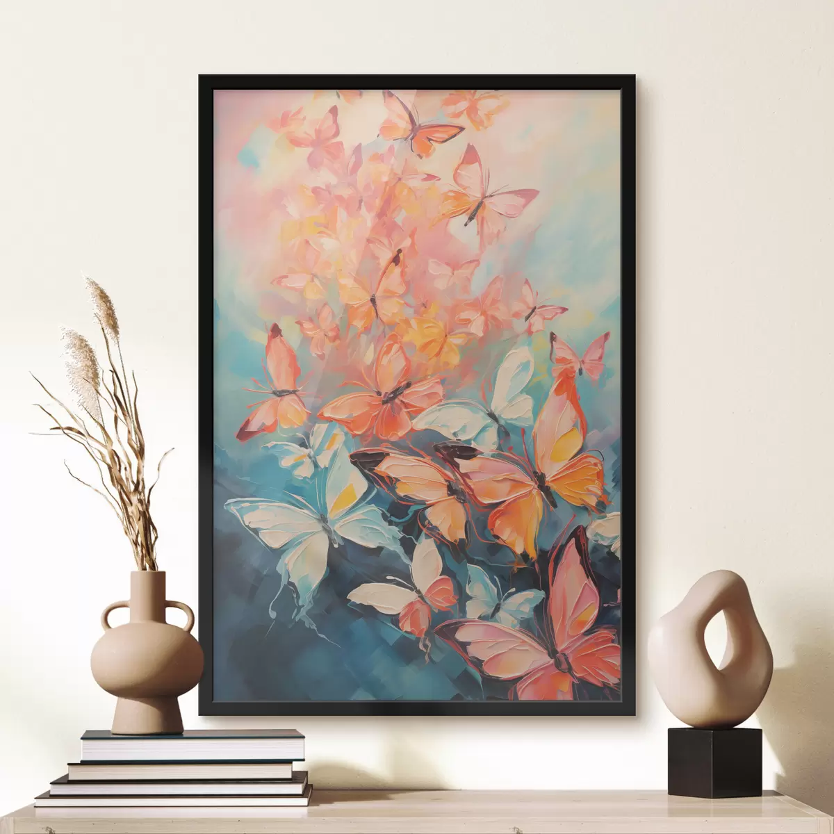 Plakat Sinisel õlimaalil lendav liblikaparv f39922