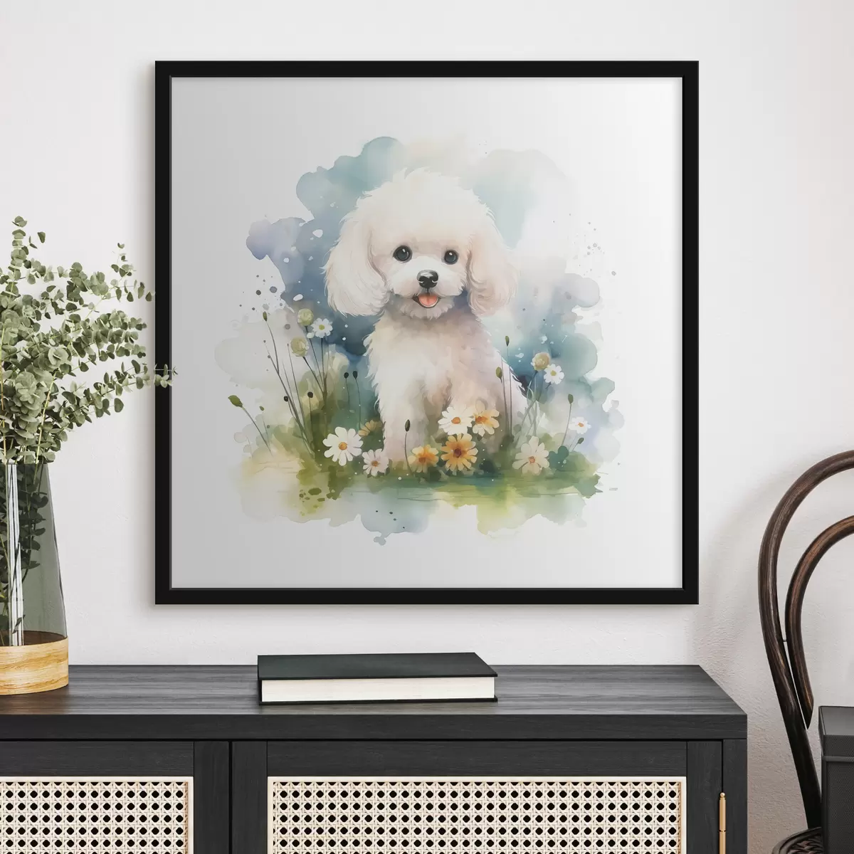 Plakat Väike valge pudi istub lillede akvarellis f39928