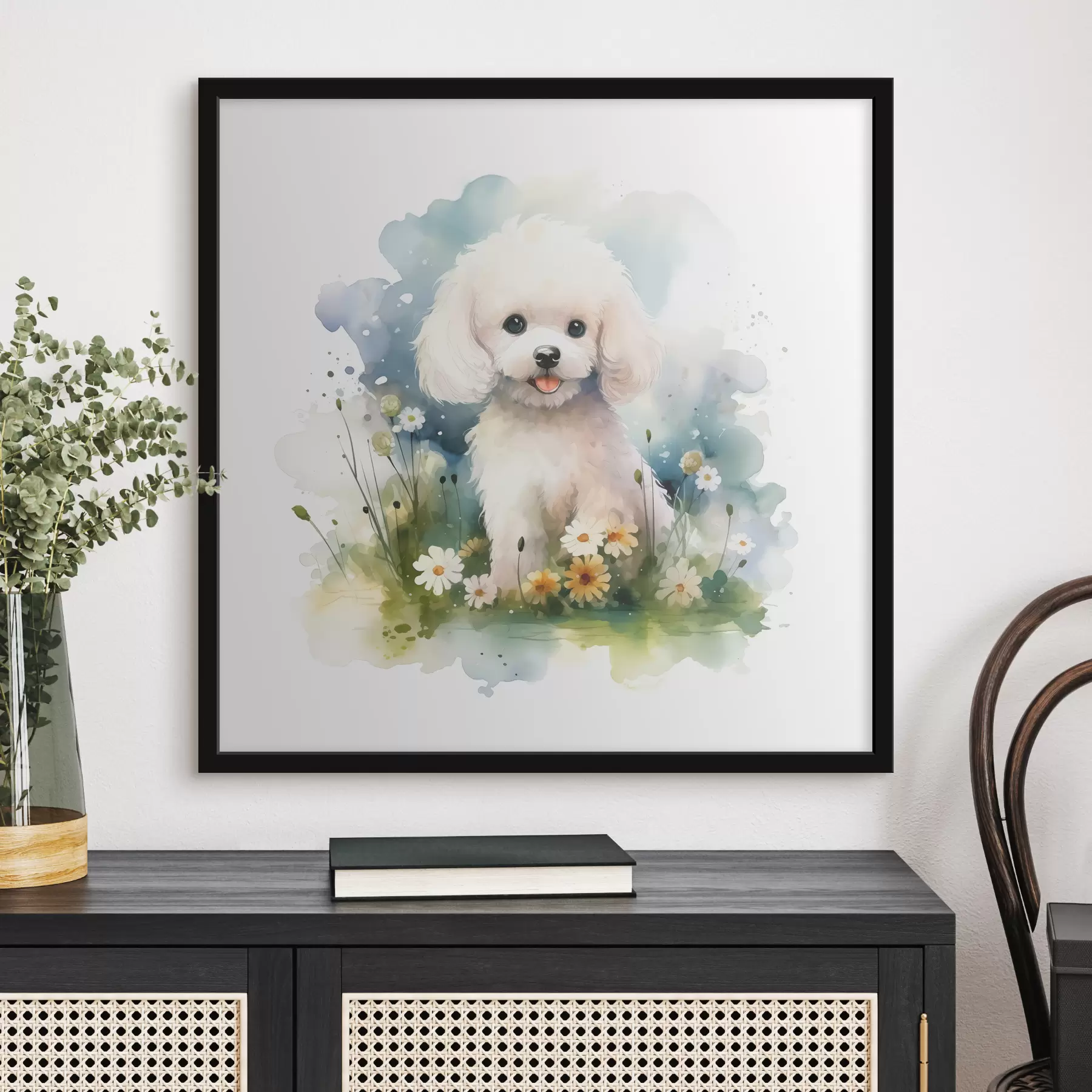 Fototapeedid Väike valge pudi istub lillede akvarellis f39928