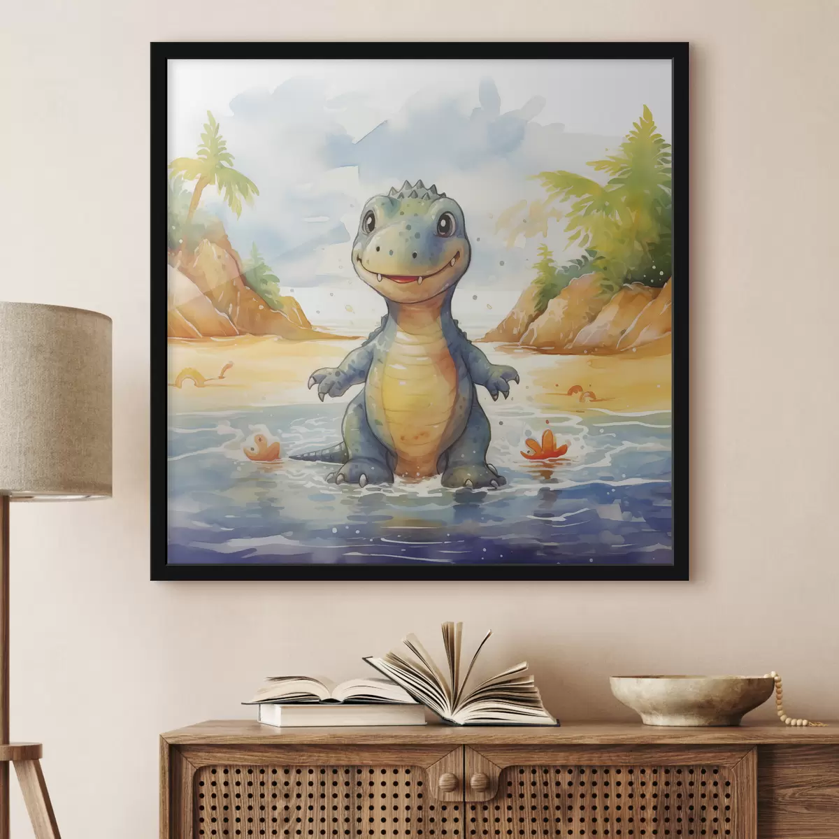 Plakat Dinosaurus jões, taustaks mäed ja akvarellpõõsad f39930