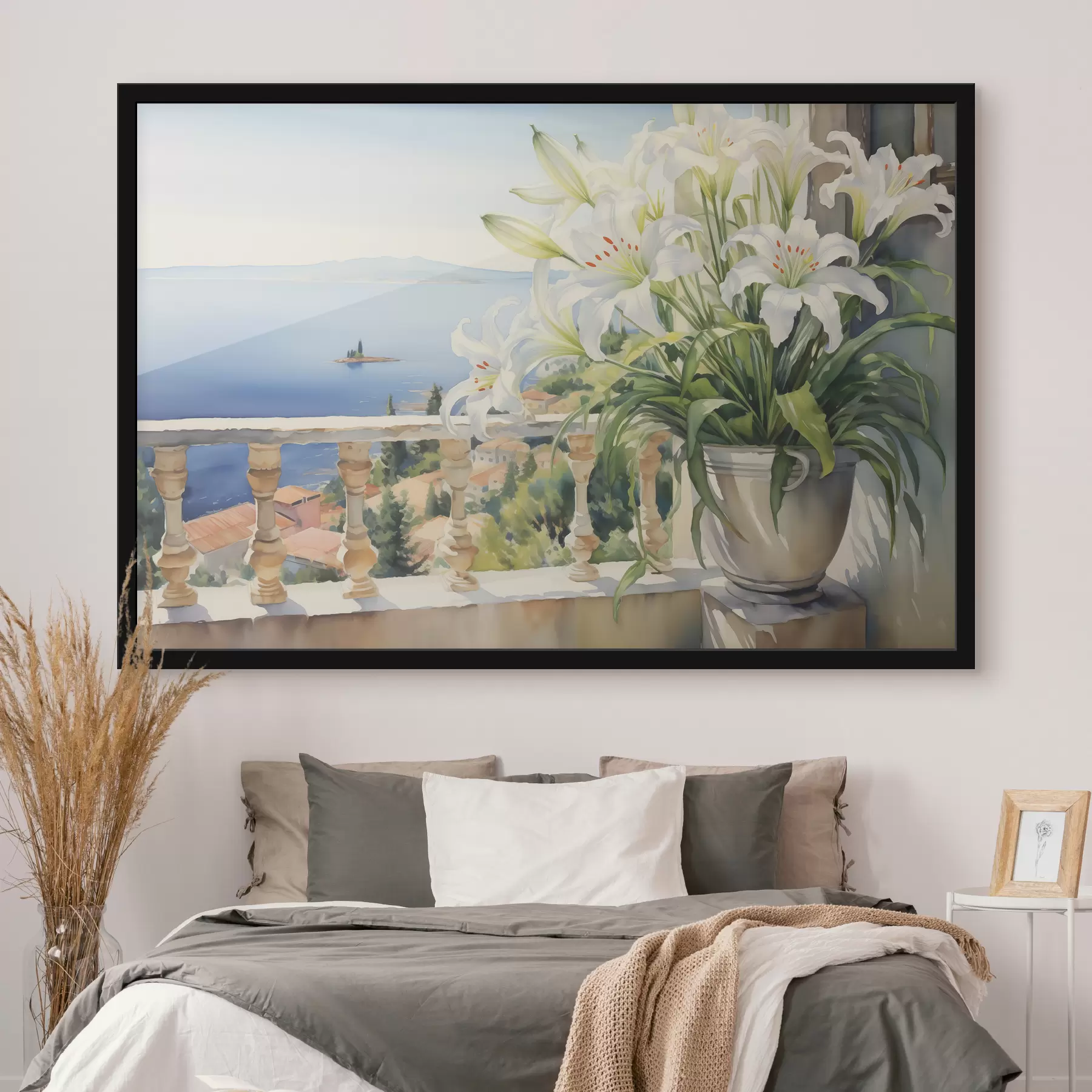 Fototapeedid Valged liiliad potis rõdul lahe akvarelli taustal f39932