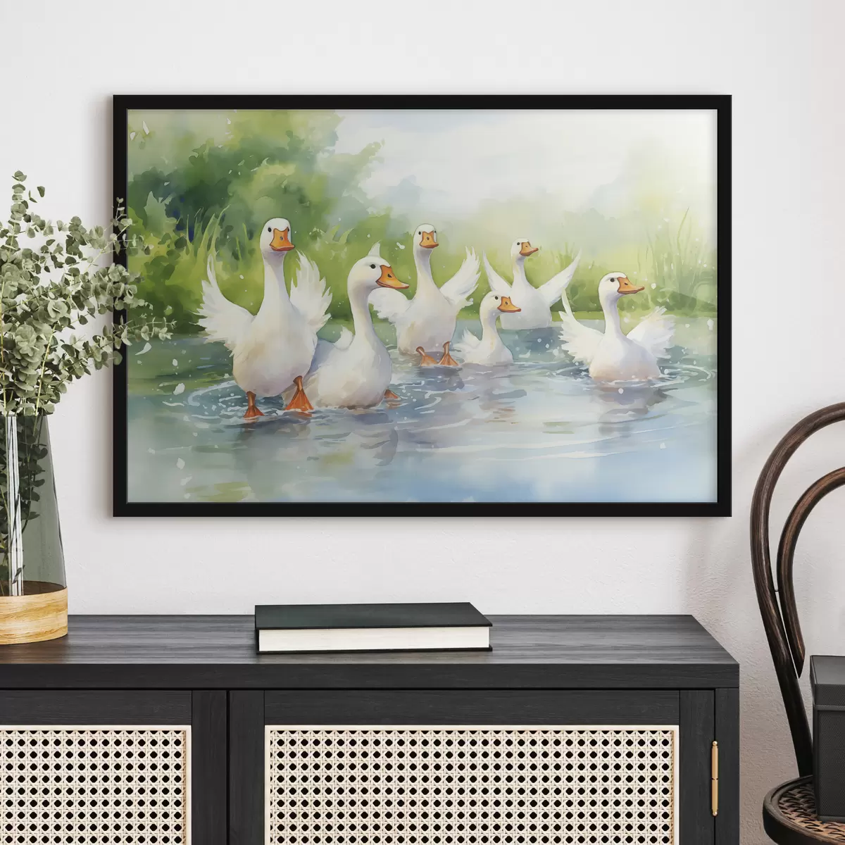 Plakat Valgehaned suplemas tiigis akvarellmaal f39939