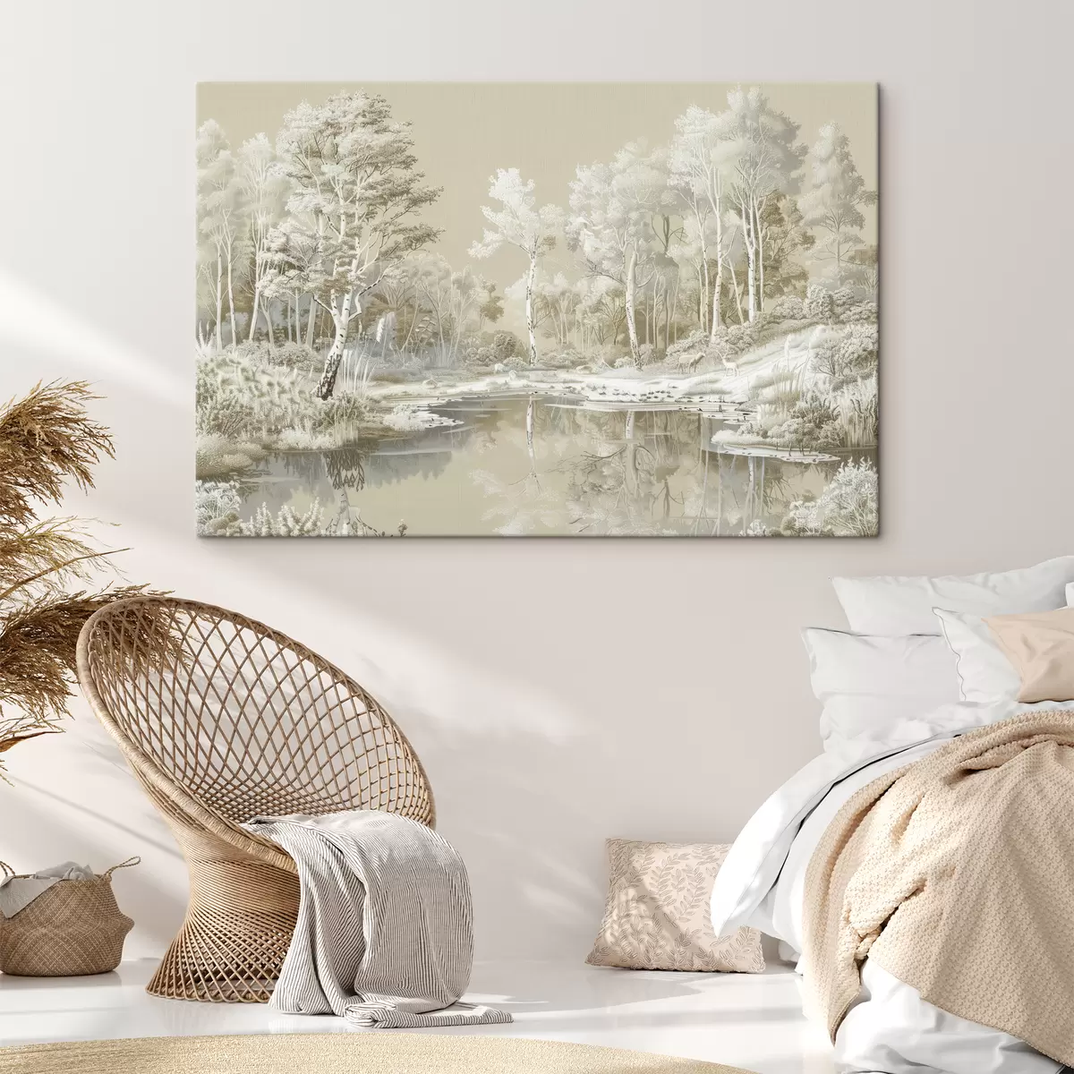 Pilt Kaunis metsamaastik, tiik ja puud, beežid ja valged värvid s39979