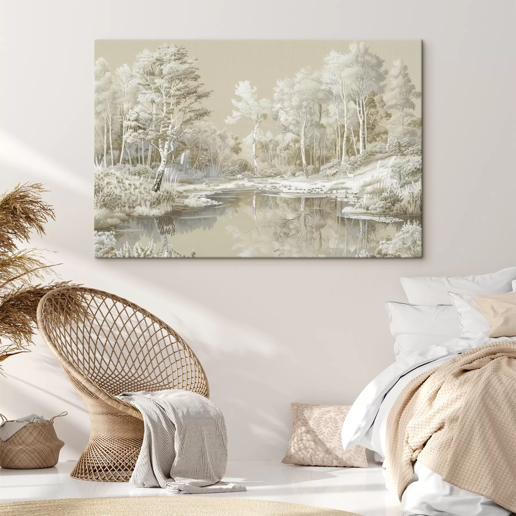 Fototapeedid Kaunis metsamaastik, tiik ja puud, beežid ja valged värvid s39979