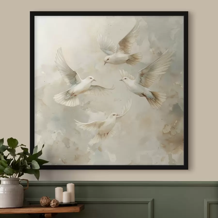 Pilt Akvarell lendavad linnud, õrnad beežid ja valged värvid, tuvid f39976