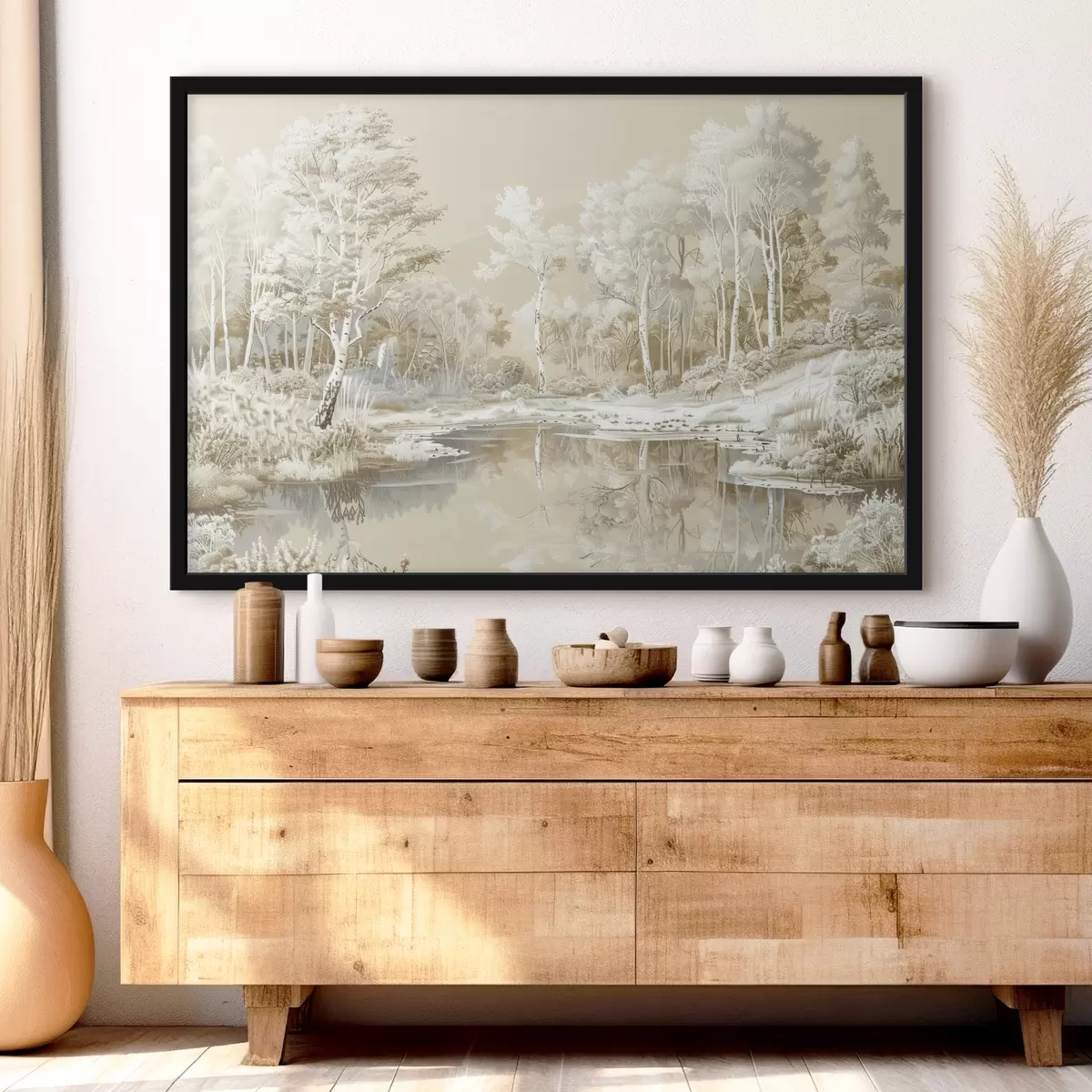 Plakat Kaunis metsamaastik, tiik ja puud, beežid ja valged värvid f39979