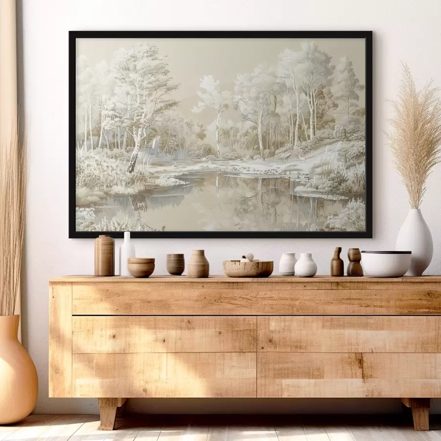 Fototapeedid Kaunis metsamaastik, tiik ja puud, beežid ja valged värvid f39979