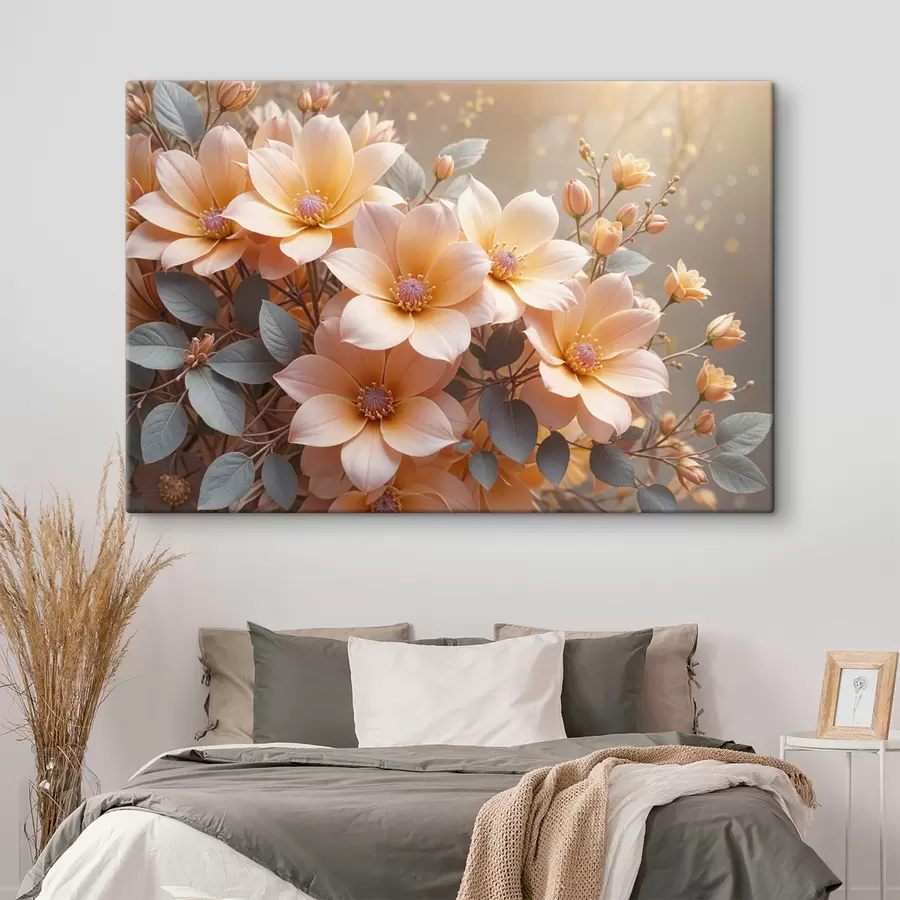 Pilt Õrnad virsikuvärvi daaliaõied täies õitsengus, pehmete kroonlehtedega udusel taustal  s40024