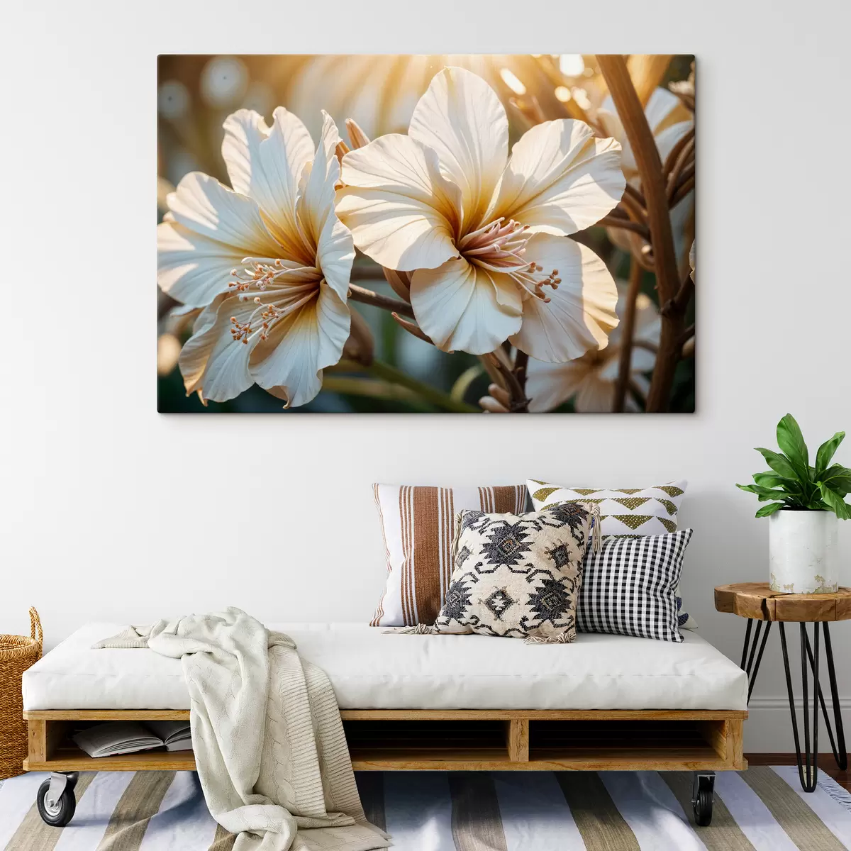 Pilt Valged ja oranžid hibiskiõied õitsevad pehme fookusega taustaga s40035